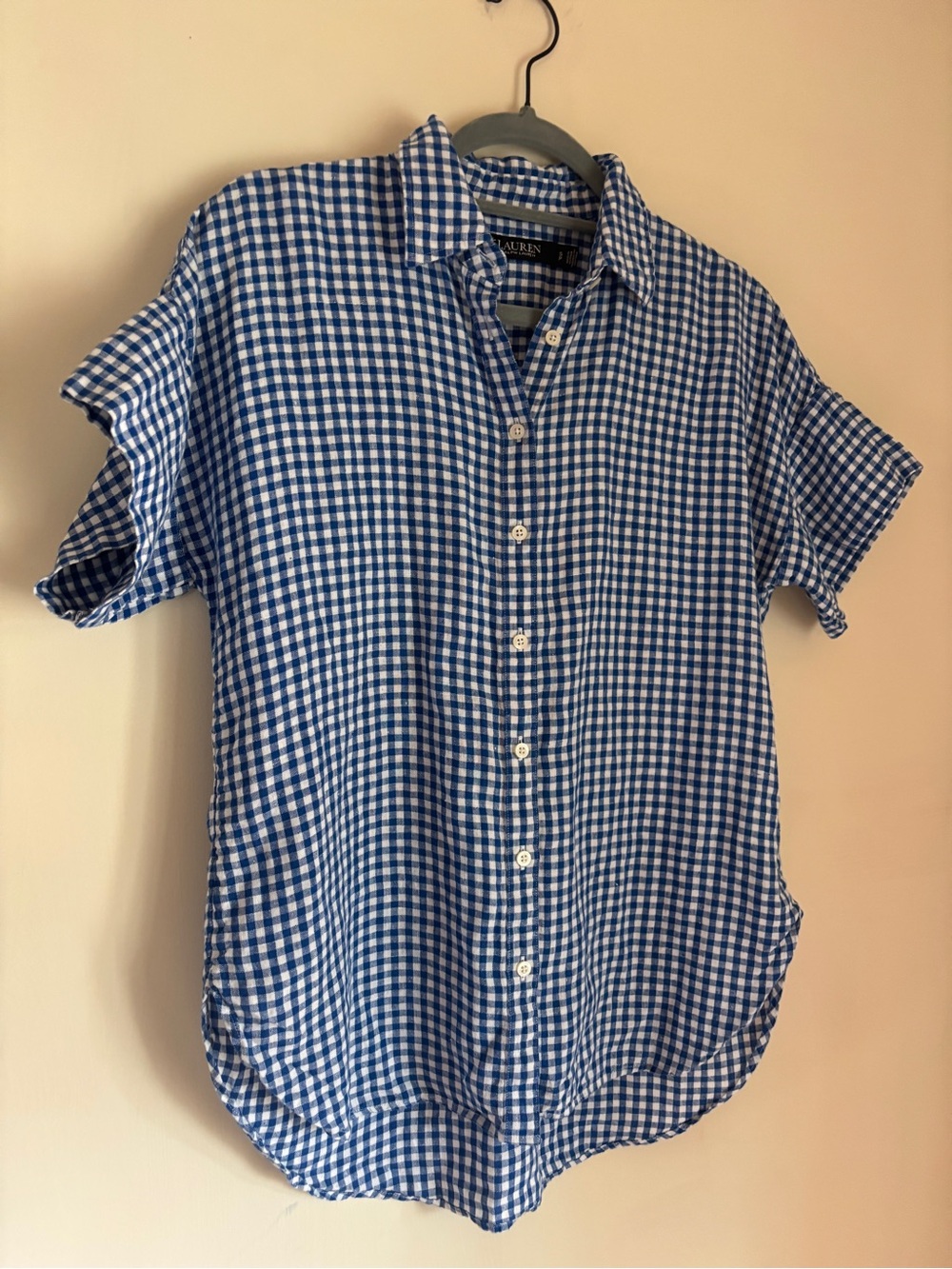 Lauren Ralph Lauren Blue Gingham Linen Short Sleeve Button-Up Shirt size Small